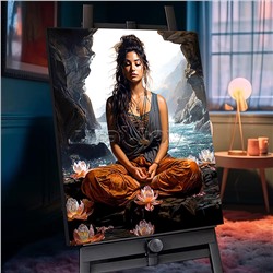 Картина по номерам 40х50 "Медитация на берегу океана" с кристаллами из хрусталя черный холст