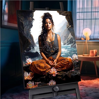 Картина по номерам 40х50 "Медитация на берегу океана" с кристаллами из хрусталя черный холст