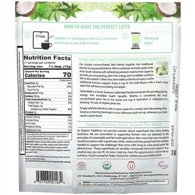 Organic Traditions, Yerba Mate Mint Latte with Matcha and Probiotics, 5.3 oz (150 g)