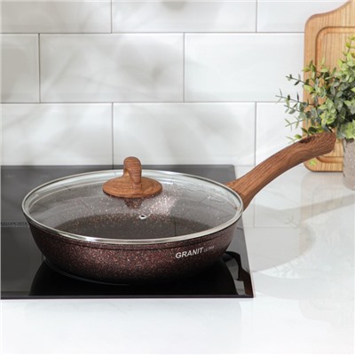 Сковорода KUKMARA Granit ultra red, d=26 см, пластиковая ручка, стеклянная крышка, антипригарное покрытие, алюминий, коричневая