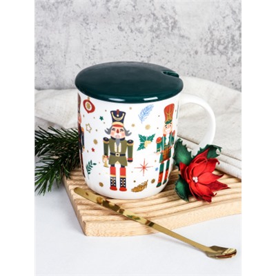 Кружка новогодняя с крышкой, ложка /350 мл/ HB-256 /уп 60/