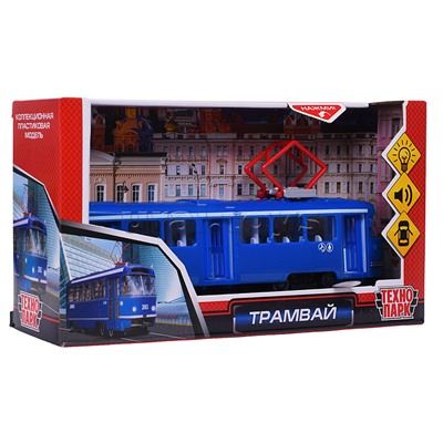 Модель пластик Трамвай 24 см. (свет-звук , двери, синий) в коробке