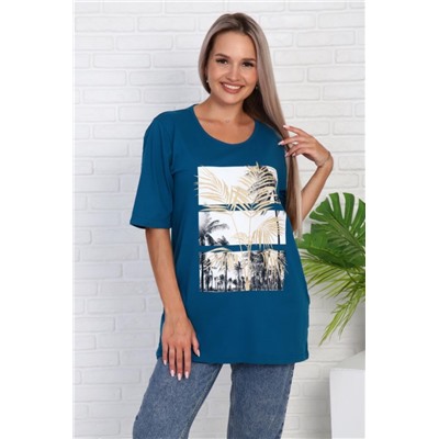 Футболка удлиненная с рисунком листья пальмы, Арт. 786 (Морская волна)
