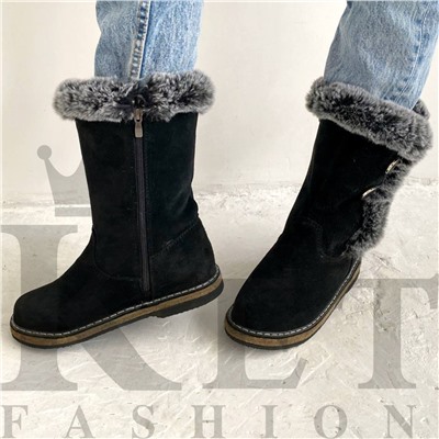 Сапожки женские с опушкой черные войлочная подошва