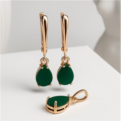 Комплект ювелирной бижутерии коллекция "Дубай" серьги и кулон, покрытие позолота, вставка: фианиты, цвет: изумрудный матовый, арт.314.977