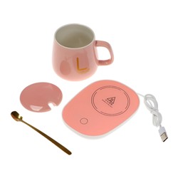 Кружка с подогревом LSK-1501, подставка, от USB, 16 Вт, розовая