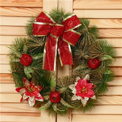 Венок новогодний d=28 см «Зимнее волшебство. Бант», с красными цветами