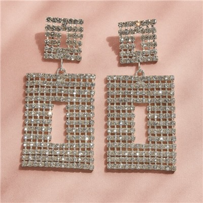 Серьги вечерние длинные квадратные со стразами, цвет серебристый, арт. 006.038