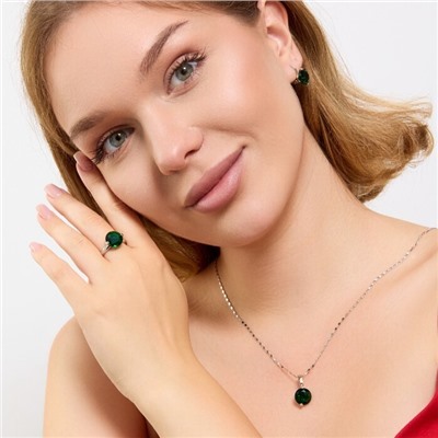 Комплект ювелирной бижутерии серьги, кулон и кольцо 18 р, покрытие посеребрение, вставка: фианит, цвет: изумрудный, арт.313.198-18
