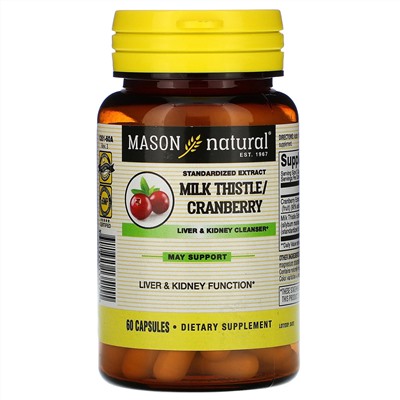 Mason Natural, Milk Thistle/Cranberry, Standardized Extract, Liver & Kidney Cleanser, 60 Capsules