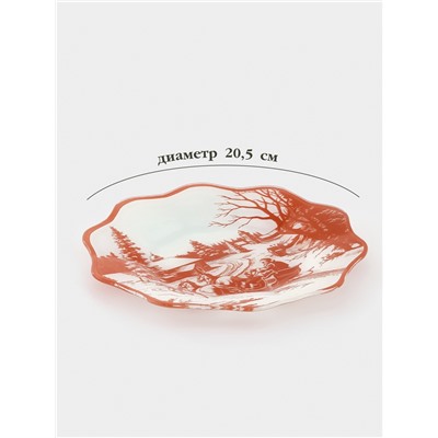 Десертная тарелка новогодняя Доляна «Новогодние забавы», d=20.5 см, h=1.5 см, стекло, белая, красная