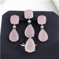 Комплект ювелирной бижутерии коллекция "Дубай" серьги, кулон и кольцо 17 р, покрытие посеребрение, вставка: стекло, цвет: розовый матовый, арт.414.181-17