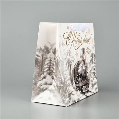 Пакет подарочный новогодний ламинированный квадратный «Новогодний поезд», 22×22×11 см