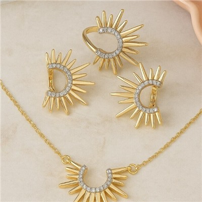 Комплект ювелирной бижутерии Итальянское золото (покрытие желтое 14к) серьги, кулон на цепочке и кольцо 19 р, вставка: фианиты, цвет: прозрачный, арт.217.405-19