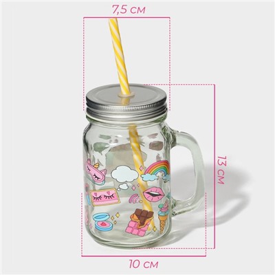 Кружка Доляна «Единорог», 450 мл, 10×7.5×13 см, стекло, с крышкой и трубочкой