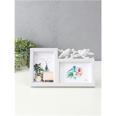 Фоторамка - коллаж на 2 фото 10×15 см «Птицы на веточке», пластик, белая, 17.5×29.5 см