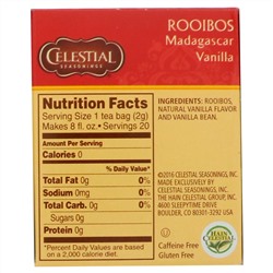 Celestial Seasonings, чай ройбуш, мадагаскарская ваниль, без кофеина, 20 чайных пакетиков, 42 г (1,5 унции)