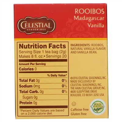 Celestial Seasonings, чай ройбуш, мадагаскарская ваниль, без кофеина, 20 чайных пакетиков, 42 г (1,5 унции)