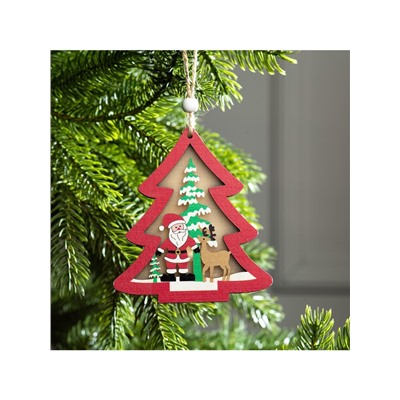 Ёлочная игрушка «Красная ёлочка с Дедом Морозом», 11×11×1.5 см, от батареек, свечение RGB