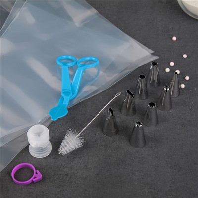 Набор кондитерский «Веста», 15 предметов: 3 мешка, щипцы, адаптер, зажим, 8 насадок, щёточка, насадки МИКС