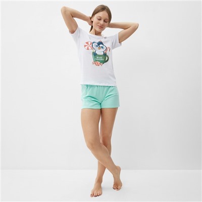Пижама новогодняя женская (футболка, шорты) Tusi, белая, зелёная, размер 50
