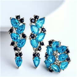 Комплект ювелирная бижутерия серьги и кольцо 17 р, покрытие: посеребрение, вставка: фианиты, цвет: голубой и черный, арт.313.033-17