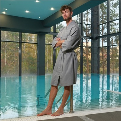 Халат вафельный мужской Экономь и Я рукав 3/4, размер 46-48, серый, 100% хлопок, 200 г/м²