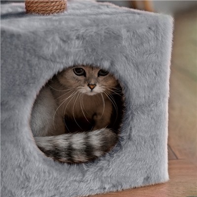 Домик для животных, с когтеточкой и полкой, джут, 32×32×64 см, серый