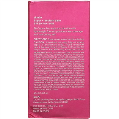 Skin79, Super+ Beblesh Balm, оригинальный BB-крем, SPF 30 PA++, розовый, 40 мл (1,35 жидк. унции)