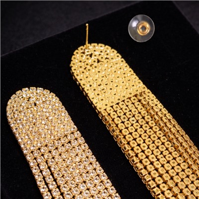 Серьги длинные женские вечерние со стразами, цвет: золотистый и прозрачный, арт.012.050