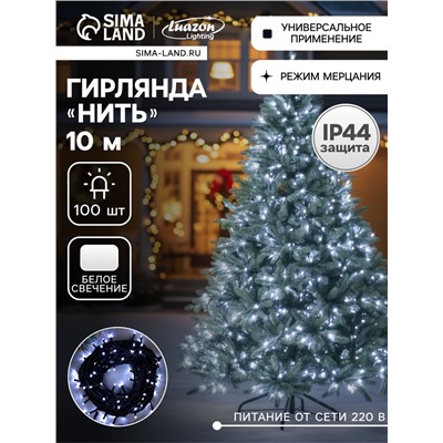 Гирлянда «Нить» 10 м, IP44, УМС, тёмная нить, 100 LED, свечение белое, мерцание белым, 220 В