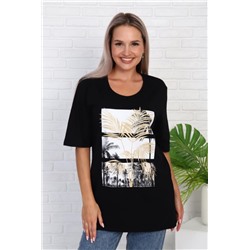 Футболка удлиненная с рисунком листья пальмы, Арт. 786 (Черный)