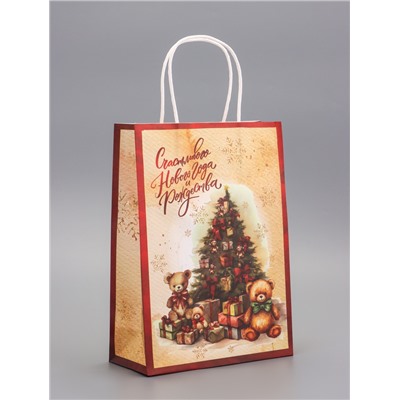 Пакет бумажный подарочный новогодний крафт «Счастливого Нового Года» 18×8×25 см