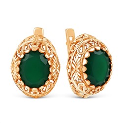 Серьги из золочёного серебра с нат.зелёным агатом 925 пробы С-3671зс409