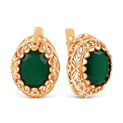 Серьги из золочёного серебра с нат.зелёным агатом 925 пробы С-3671зс409