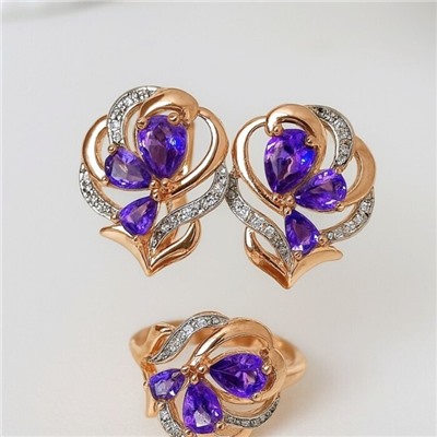 Комплект ювелирная бижутерия коллекция  "Дубай" серьги и кольцо 18 р, покрытие: позолота, вставка: фианиты, цвет: фиолетовый, арт.217.282-18