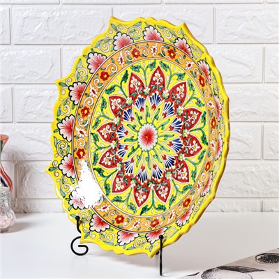 Ляган узбекский Риштанская Керамика «Цветы», d=42 см, рифлёный, жёлтый