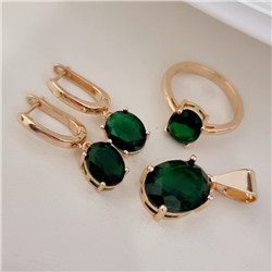 Комплект ювелирной бижутерии коллекция "Дубай" серьги, кулон и кольцо 19 р, покрытие позолота, вставка: фианит, цвет: зеленый, арт.215.504-19