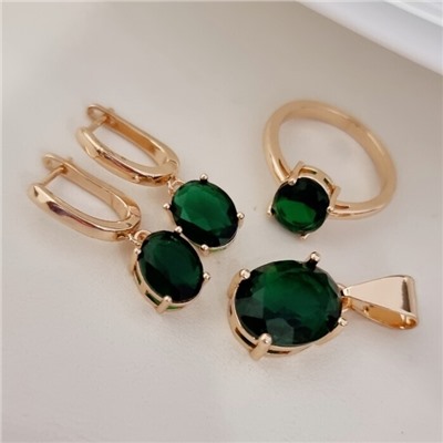 Комплект ювелирной бижутерии коллекция "Дубай" серьги, кулон и кольцо 18 р, покрытие позолота, вставка: фианит, цвет: зеленый, арт.215.504-18