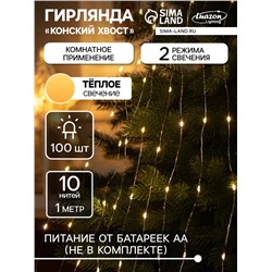 Гирлянда «Конский хвост» 10 нитей по 1 м, IP20, серебристая нить, 100 LED, 2 режима, батарейки AAх3 (нет в комплекте), свечение тёплое белое
