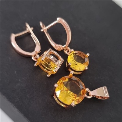 Комплект ювелирная бижутерия коллекция  "Дубай" серьги и кулон, покрытие: позолота, вставка: фианиты, цвет: желтый, арт.215.437