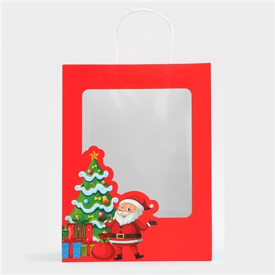 Пакет подарочный новогодний крафт, с окном «Дед Мороз» 26×35×16 см