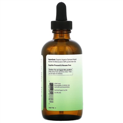 Now Foods, Solutions, сертифицированное на 100% чистое органическое аргановое масло, 118 мл (4 жидк. унции)