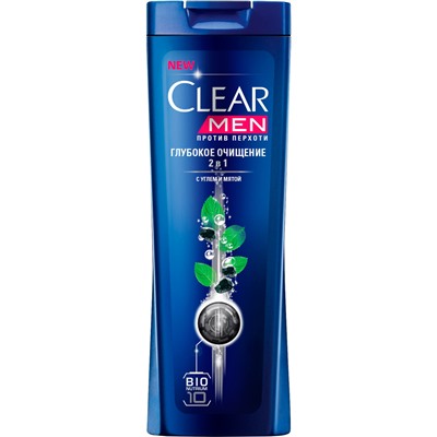 Шампунь для волос и бальзам-ополаскиватель Clear Men 2 в 1 Глубокое очищение с Углем и Мятой против перхоти, 400мл