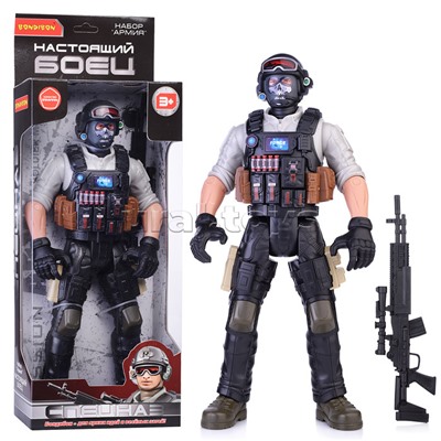 Солдат 31 см с оружием "Настоящий боец" BOX 40,5x15x6,5см, спецназовец в маске.
