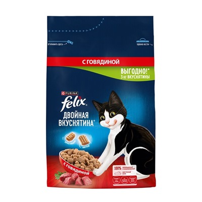 Сухой корм Felix «Двойная вкуснятина» для кошек, говядина, 3 кг