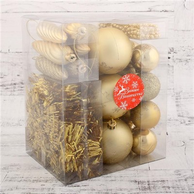 Ёлочные игрушки «Новогоднее веселье», набор 26 шт., с бусами и мишурой, золото