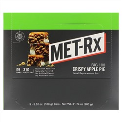 MET-Rx, Big 100, Батончик Вместо Еды, Хрустящий Яблочный Пирог, 9 батончиков, по 3,52 унции (100 г) каждый