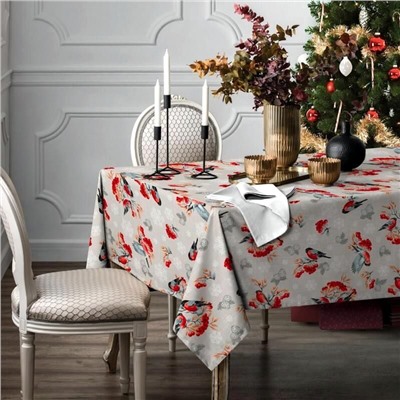 Скатерть "Снегири и рябина" 150*150см. рогожка хлопок 100%