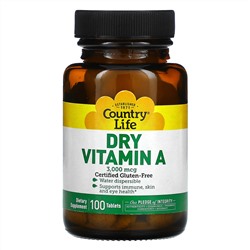 Country Life, Dry Vitamin A, 3,000 mcg, 100 Tablets